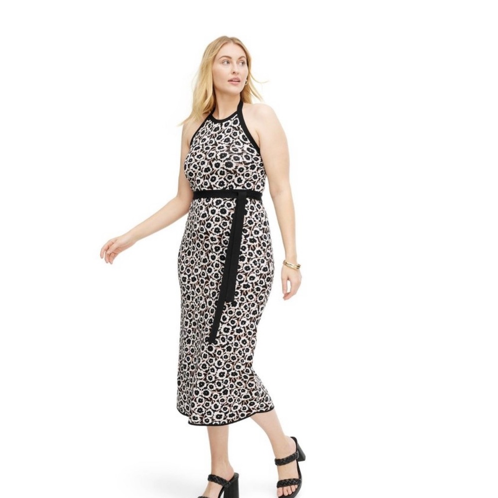 NWT Diane Von Furstenberg Halter Tie Neck Neutral Poppy Sweaterknit Midi Dress